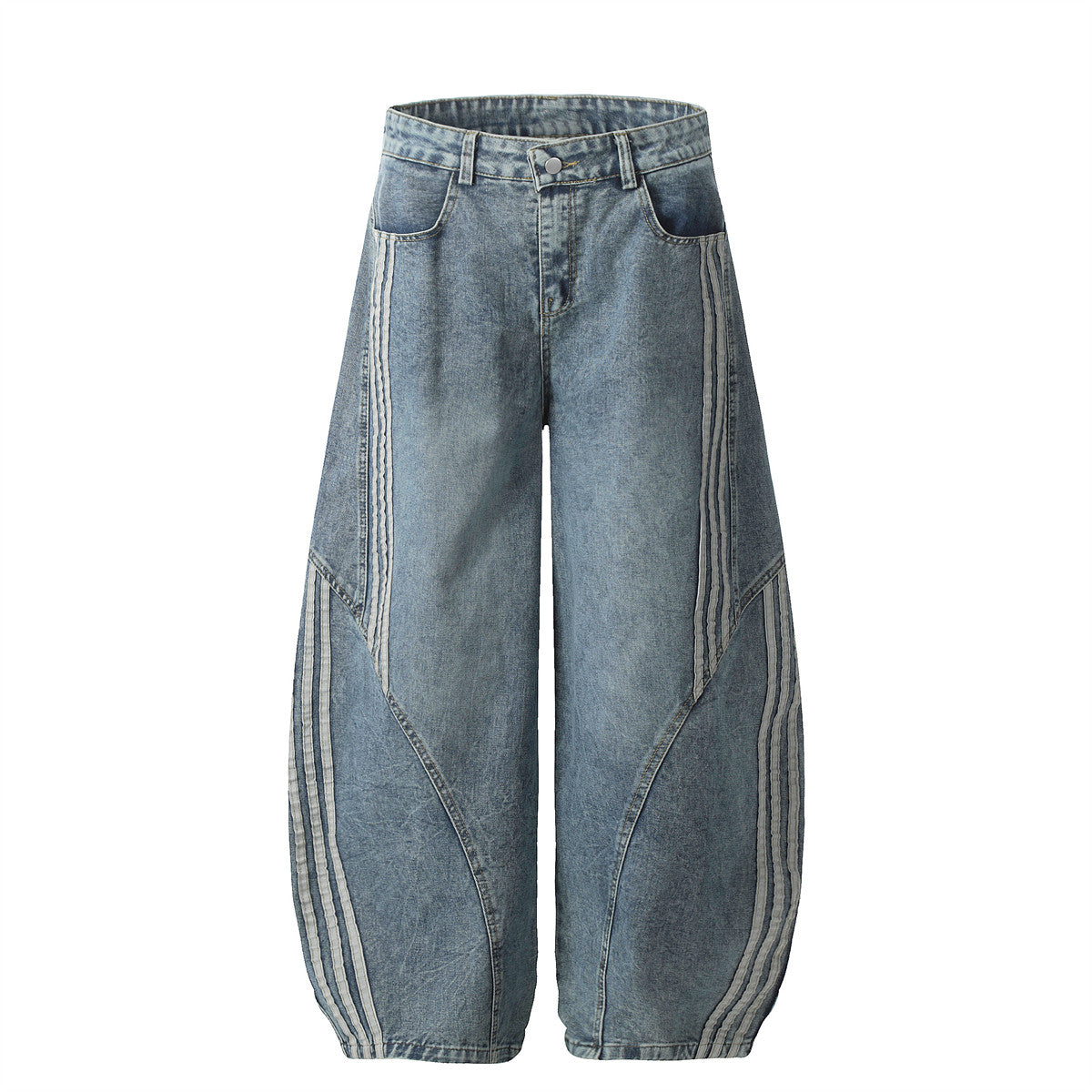 Vintage Washed Denim Pants with Stripe Detail