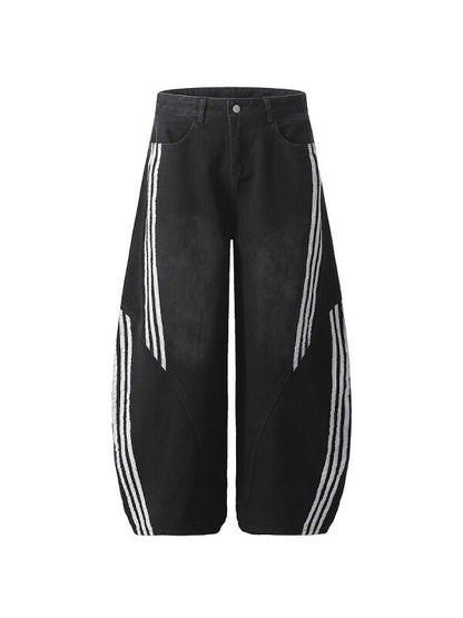 Vintage Washed Denim Pants with Stripe Detail