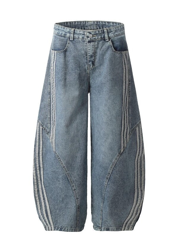 Vintage Washed Denim Pants with Stripe Detail