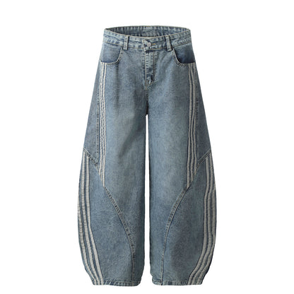 Vintage Washed Denim Pants with Stripe Detail