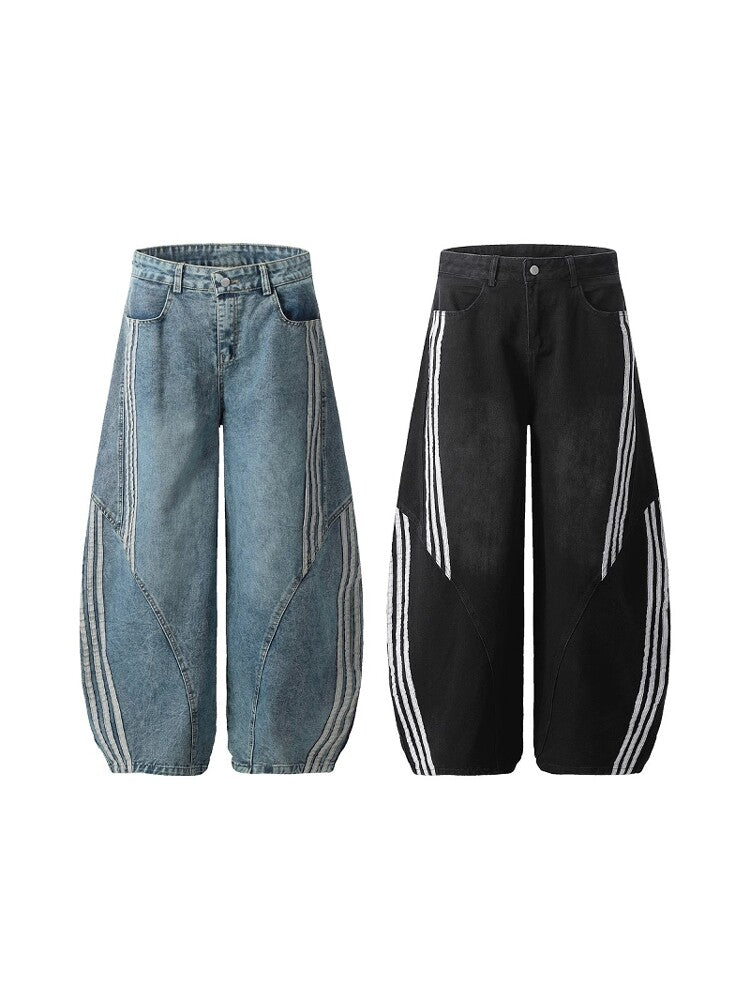 Vintage Washed Denim Pants with Stripe Detail