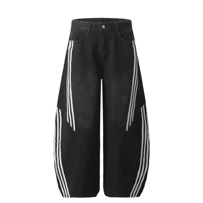 Vintage Washed Denim Pants with Stripe Detail