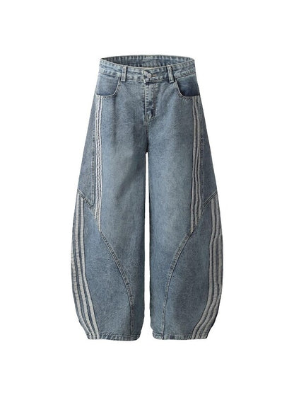 Vintage Washed Denim Pants with Stripe Detail